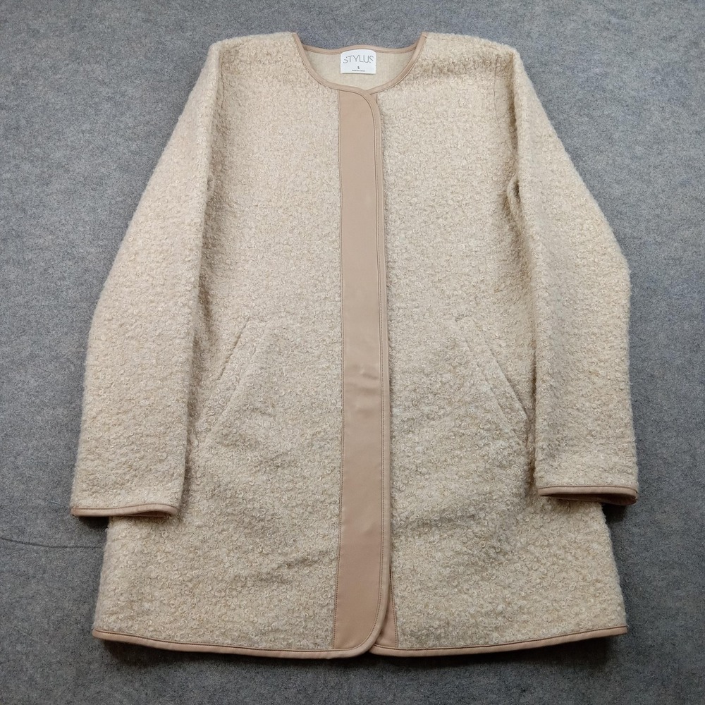Stylus Jacket Womens Small Coatigan Beige Fleece Open Front Collarless‎ Knit